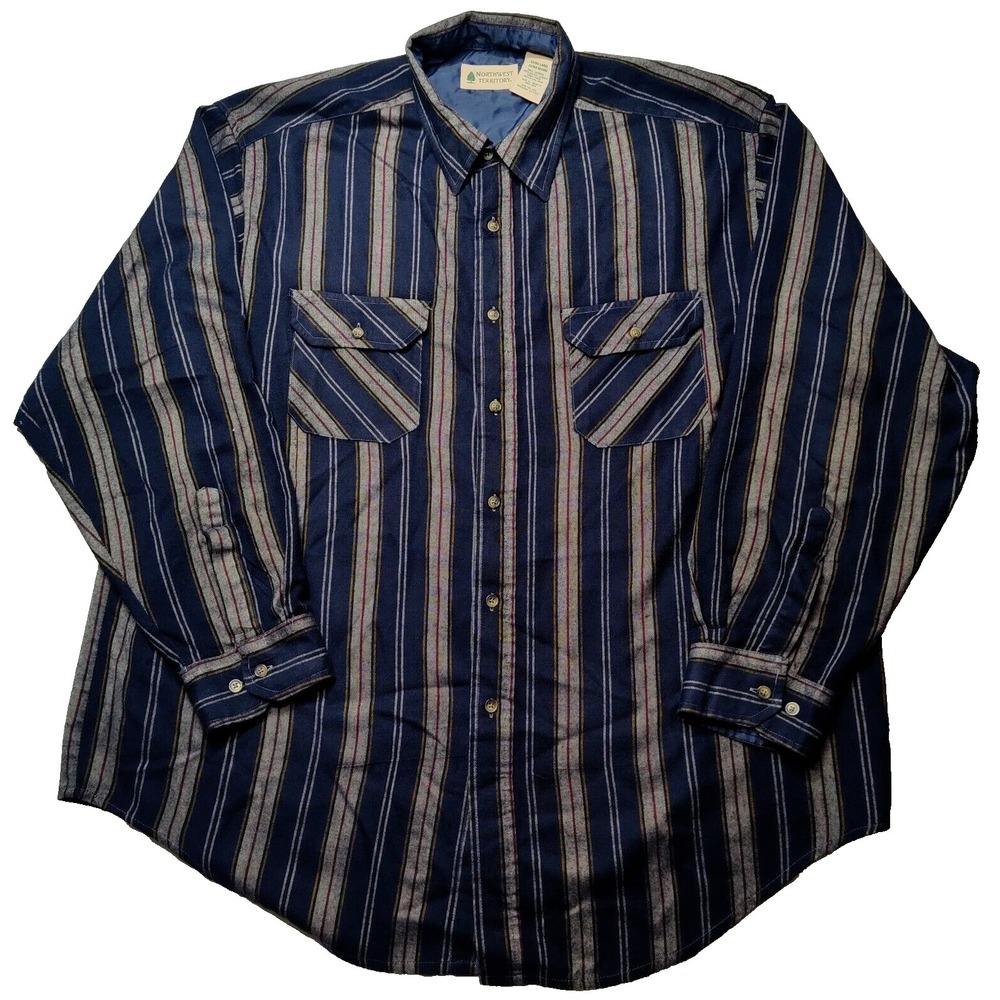 VTG NORTHWEST TERRITORY Men XL Blue Gold Striped ACYLIC Flannel‎ Shirt